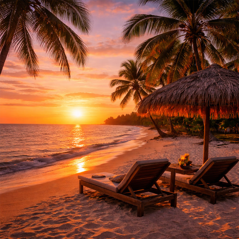 Parfum Coucher de Soleil avec notes exotiques d’ananas, fruit de la passion et pamplemousse, inspiré d’un coucher de soleil tropical sur une plage