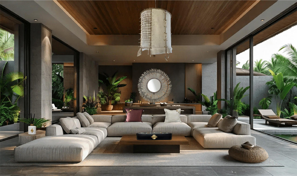 Salon ouvert sur un jardin tropical avec des produits MIYA miroir, suspension, coussins bougie