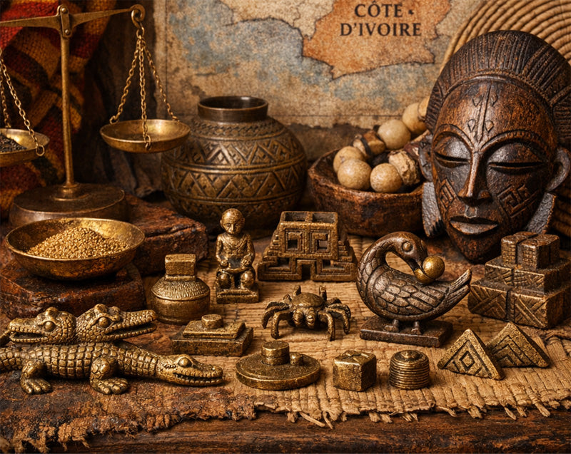 Vieille carte avec des objets en laiton représentant des symboles ashanti
