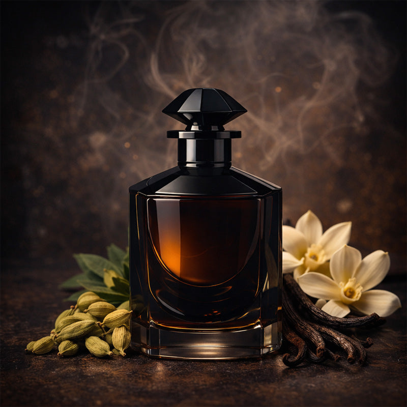 Parfum Noir Désir aux notes de cardamome, vanille et musc dans une ambiance sombre et élégante