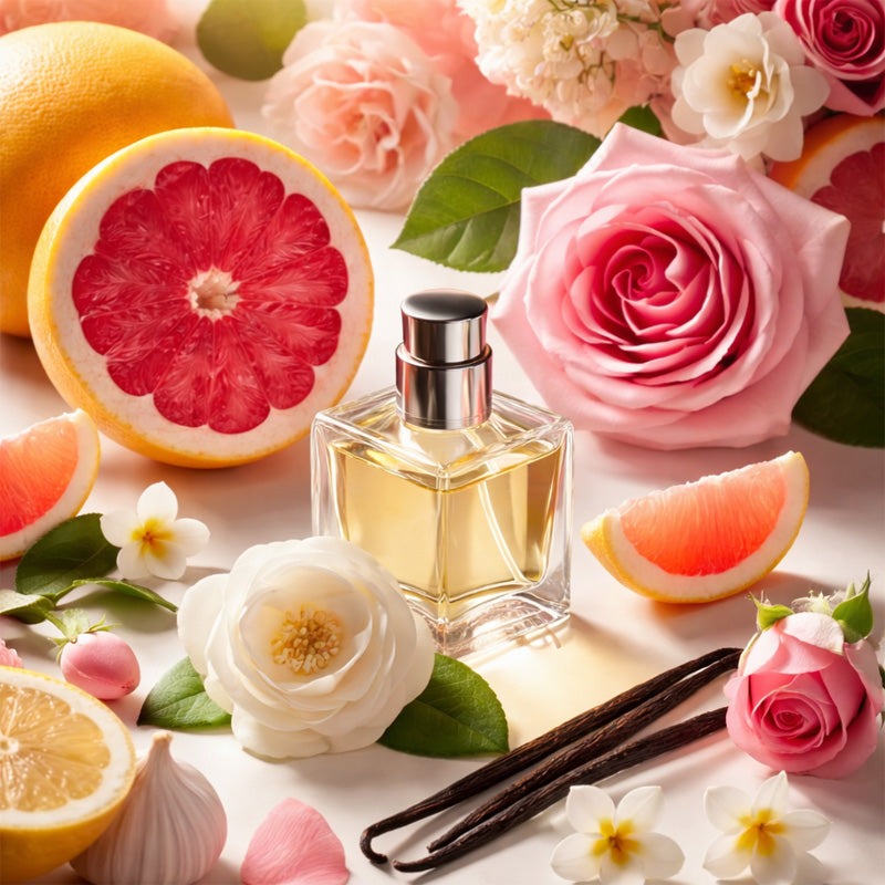 Parfum Pomelos, Roses & Vanille dans un flacon élégant, entouré de pamplemousse, roses fraîches et gousses de vanille, ambiance lumineuse et florale.