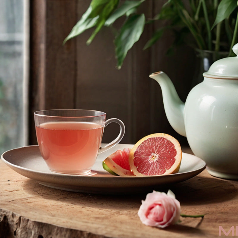 Parfum Thé à la Rhubarbe Rose avec notes fraîches de rhubarbe et rose, accompagné d’une tasse de thé et d’éléments végétaux dans une ambiance douce et délicate