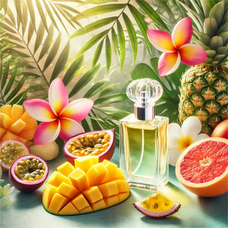 Parfum Sous les Tropiques entouré de mangue, fruit de la passion, ananas et pamplemousse, dans une ambiance tropicale lumineuse et exotique